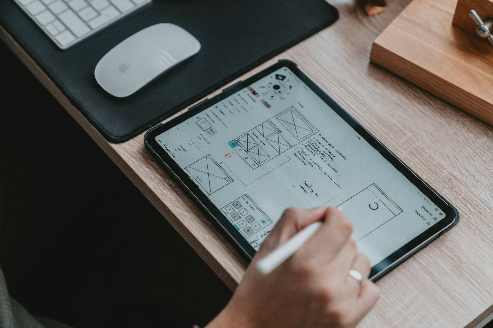A hand sketching wireframes on a tablet at a desk
